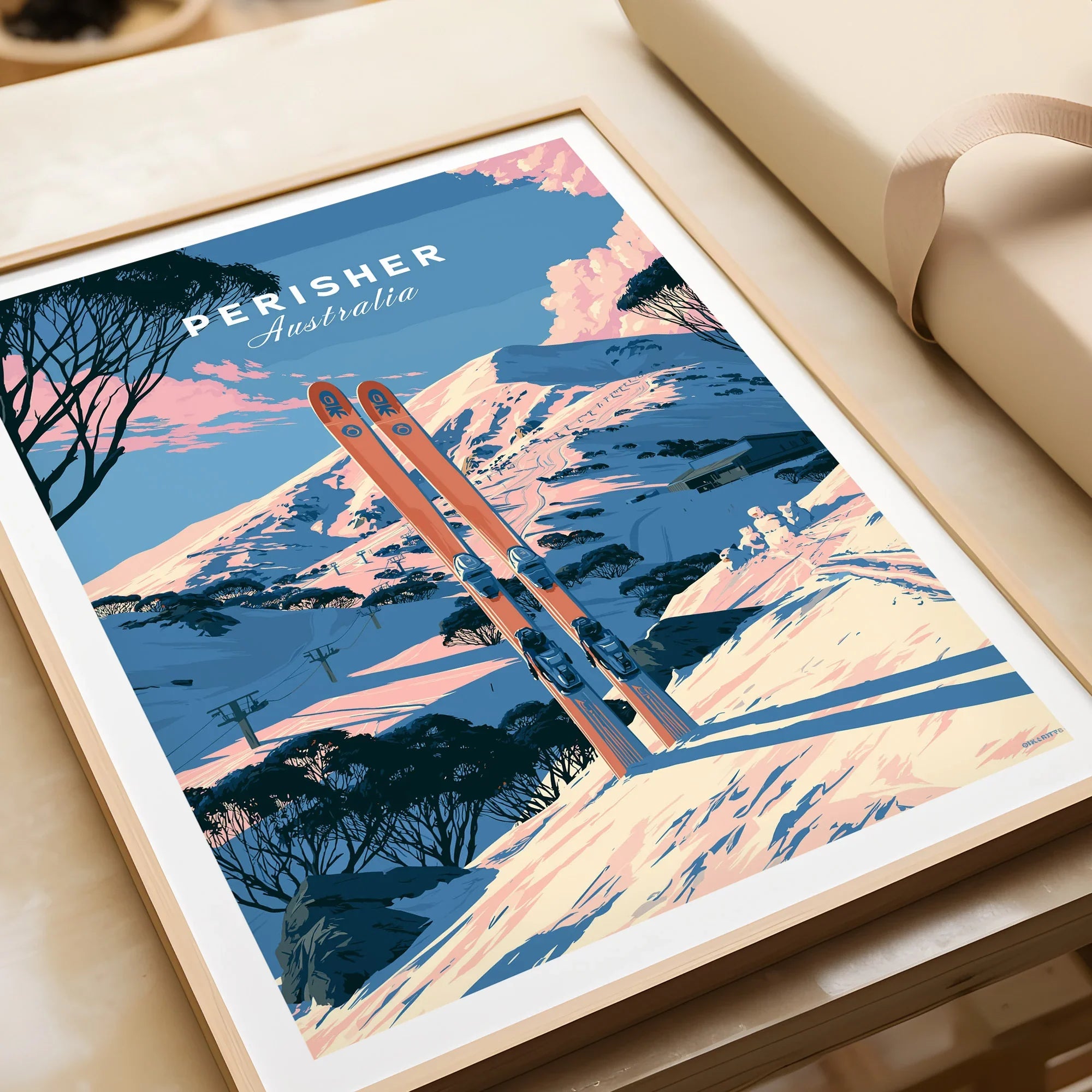 Perisher Australia Alpine Travel Poster — framed art print closeup gift unwrapped natural frame