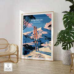 Perisher Australia Alpine Travel Poster — large framed print room setting chair plant