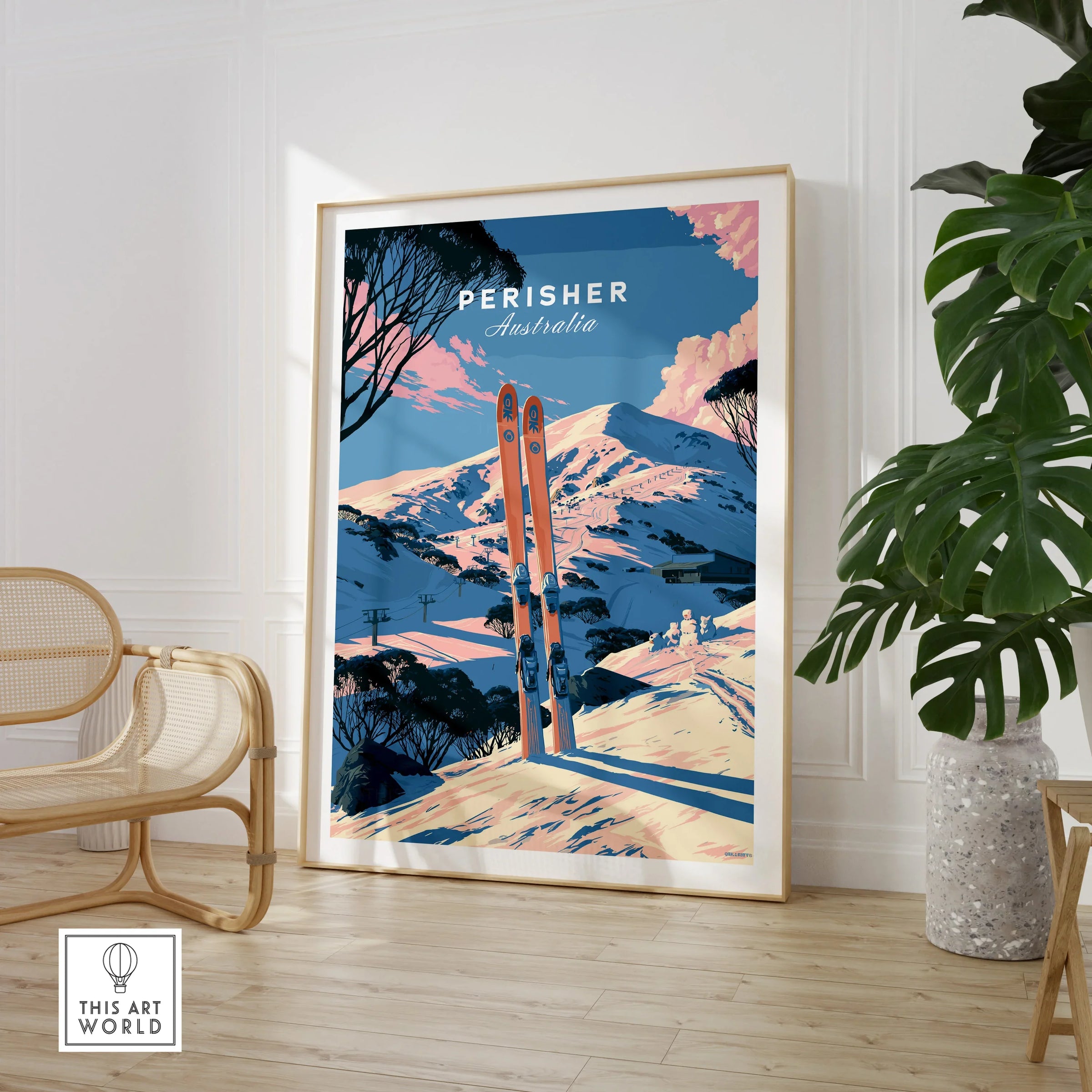 Perisher Australia Alpine Travel Poster — large framed print room setting chair plant