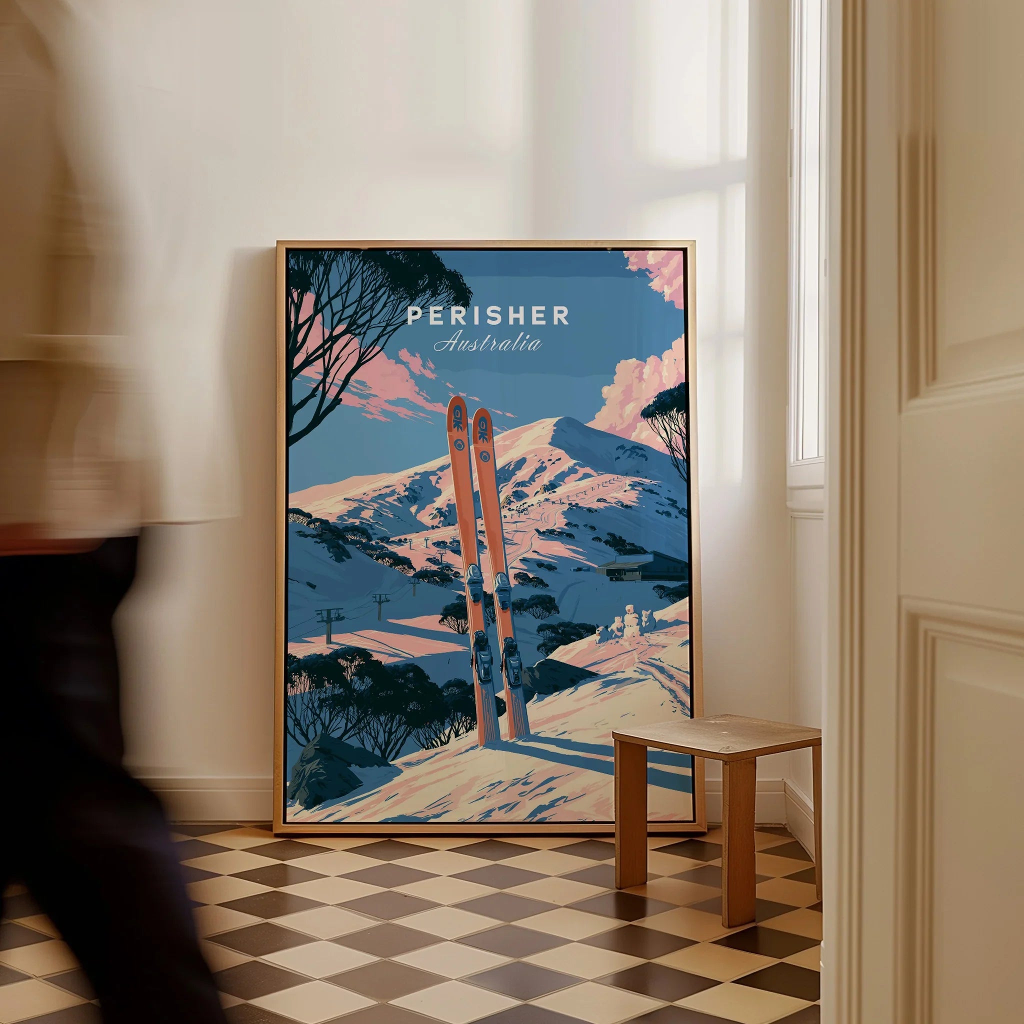 Perisher Australia Alpine Travel Poster — framed canvas on floor man walking past