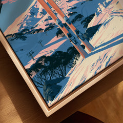 Perisher Australia Alpine Travel Poster — closeup framed canvas natural wood floating frame