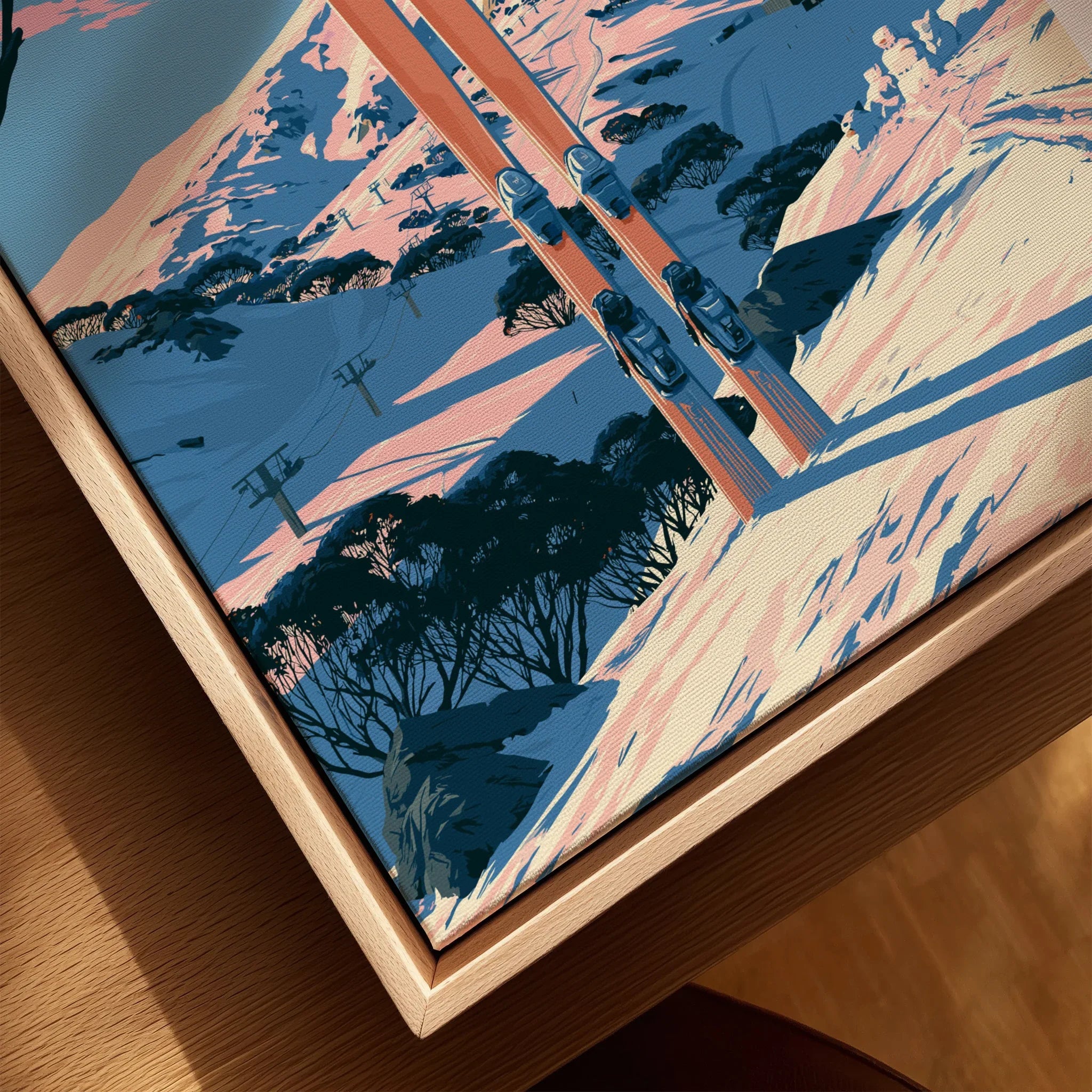 Perisher Australia Alpine Travel Poster — closeup framed canvas natural wood floating frame