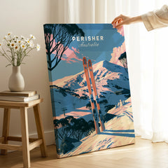 Perisher Australia Alpine Travel Poster — canvas print mirror edge hand holding room setting