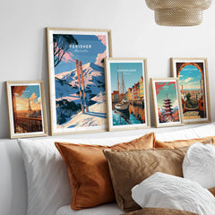 Perisher Australia Alpine Travel Poster — set five framed artprints above bed natural wood frames