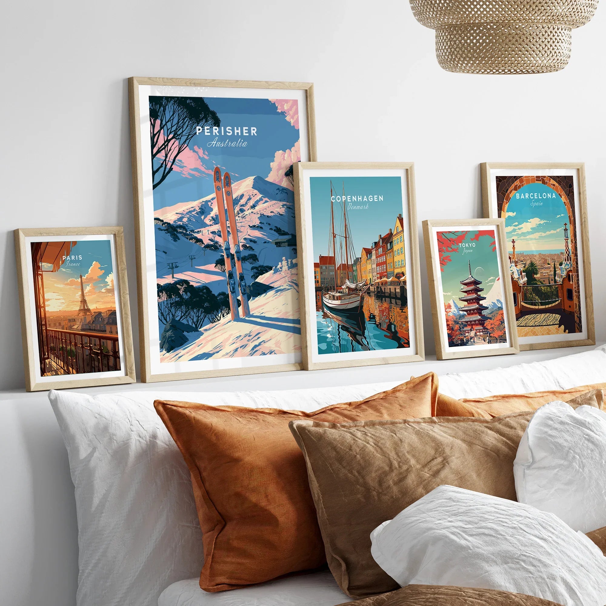Perisher Australia Alpine Travel Poster — set five framed artprints above bed natural wood frames