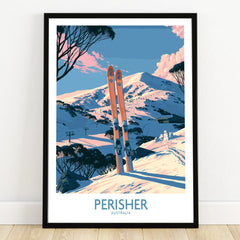 Perisher Australia Snowy Peaks Wall Art — art print in black frame on wooden floor