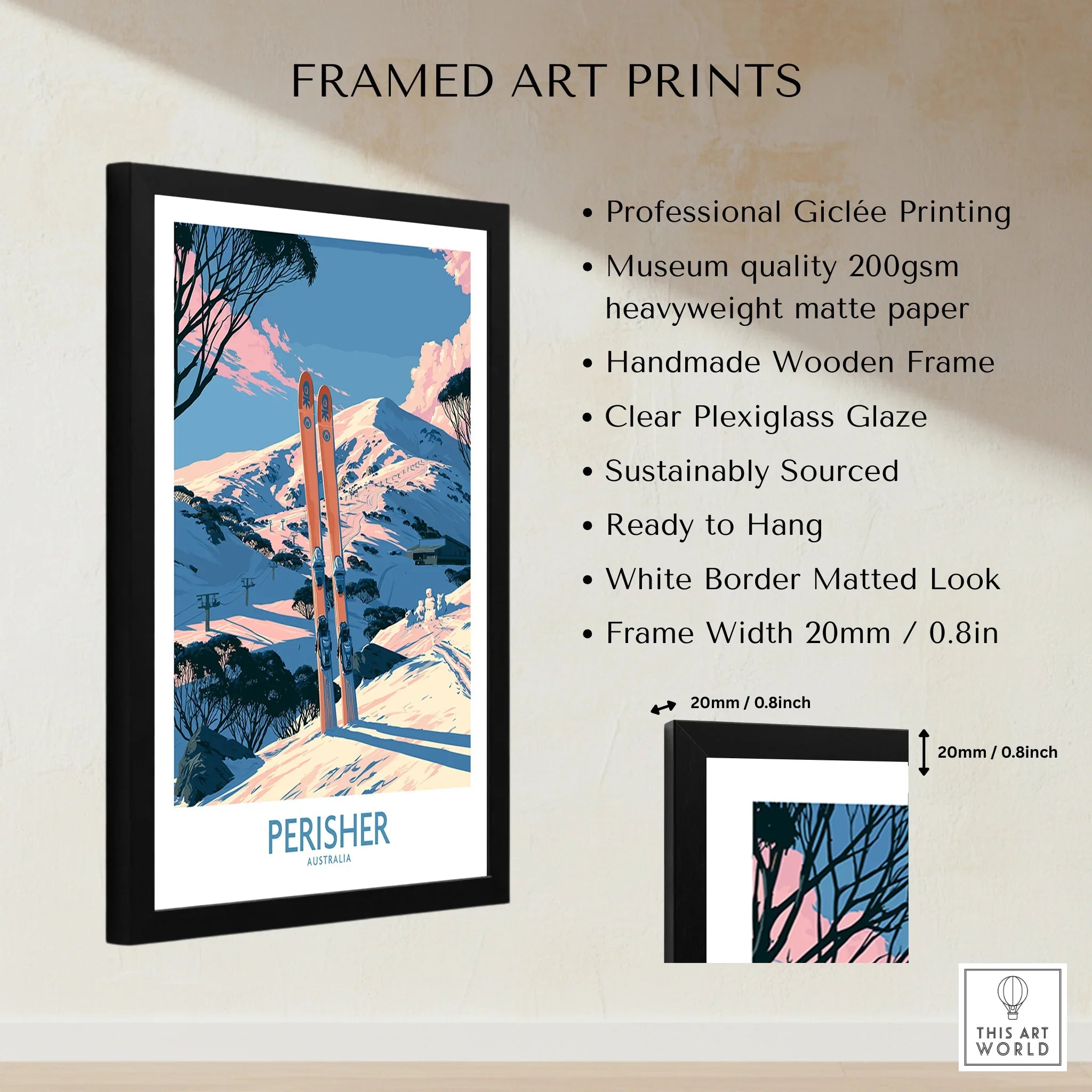 Perisher Australia Snowy Peaks Wall Art — framed print details measurements quality details