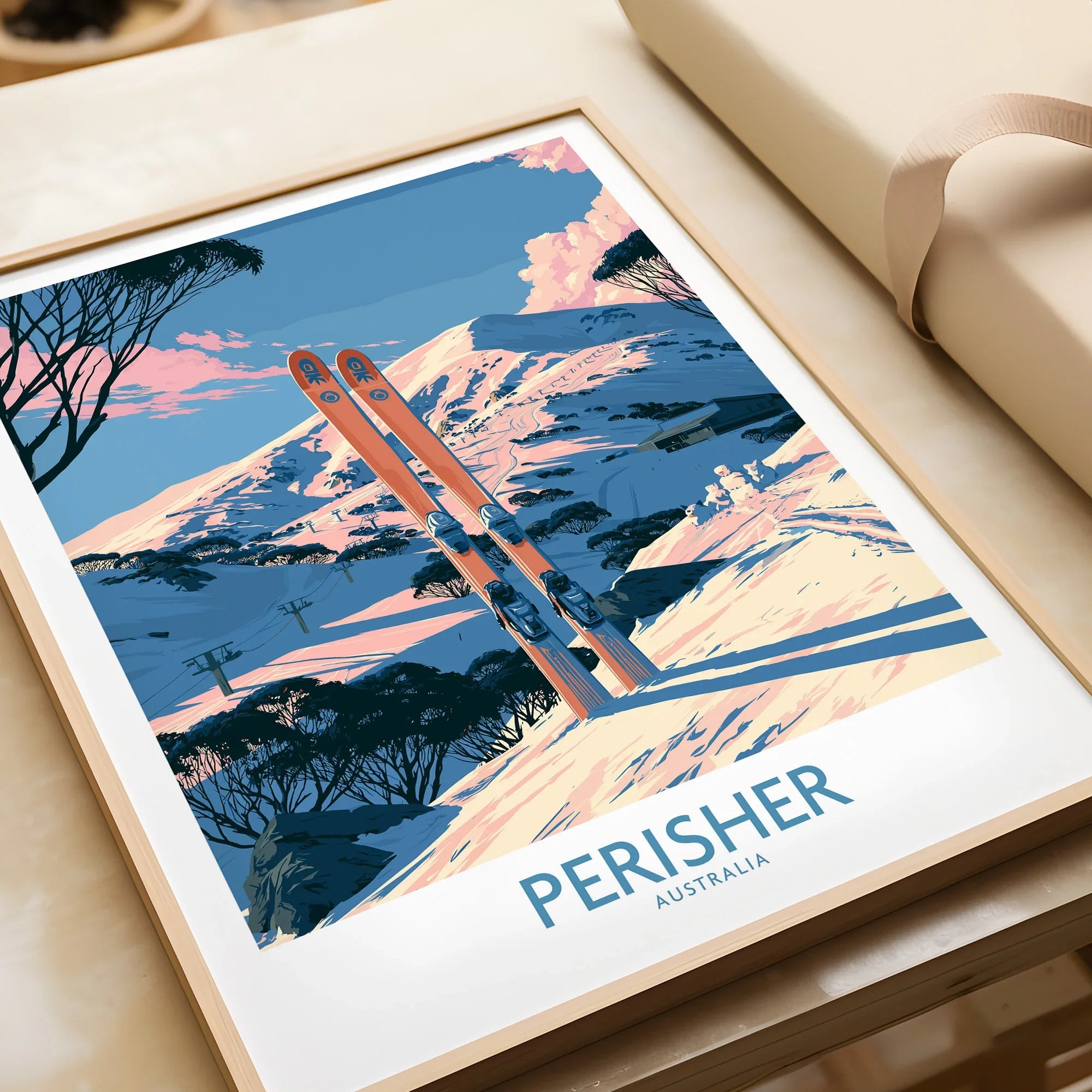 Perisher Australia Snowy Peaks Wall Art — framed art print closeup gift unwrapped natural frame