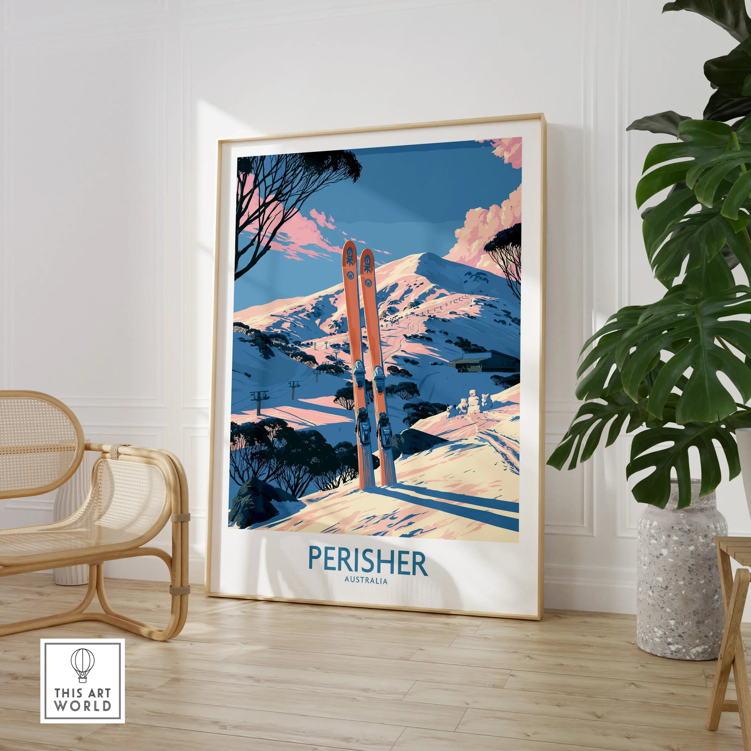 Perisher Australia Snowy Peaks Wall Art — large framed print room setting chair plant