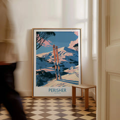 Perisher Australia Snowy Peaks Wall Art — framed canvas on floor man walking past