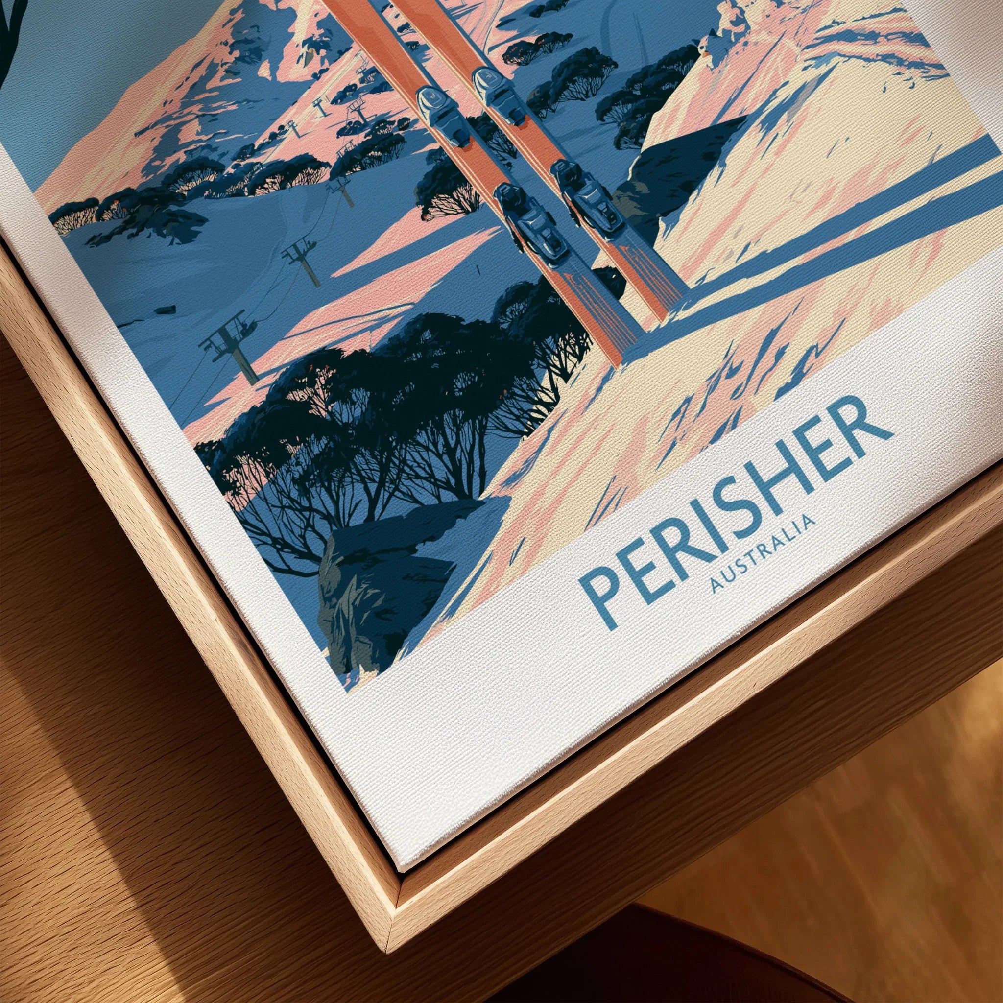 Perisher Australia Snowy Peaks Wall Art — closeup framed canvas natural wood floating frame