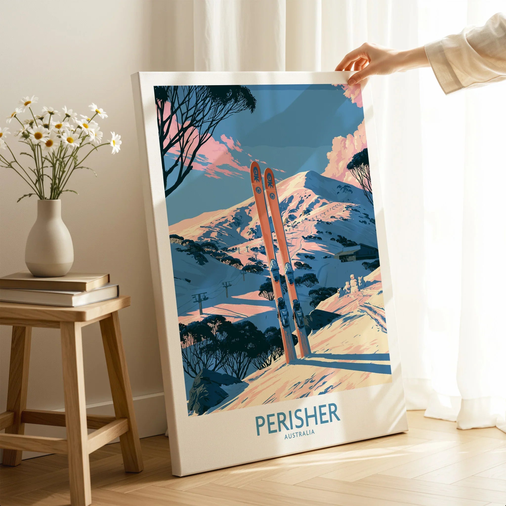 Perisher Australia Snowy Peaks Wall Art — canvas print mirror edge hand holding room setting