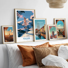 Perisher Australia Snowy Peaks Wall Art — set five framed artprints above bed natural wood frames