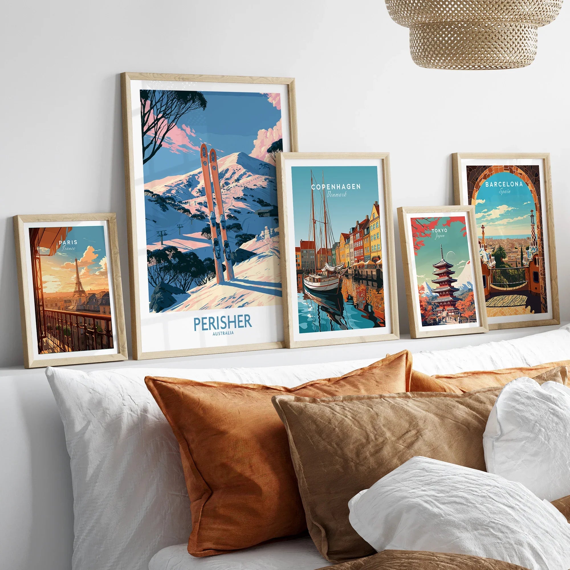Perisher Australia Snowy Peaks Wall Art — set five framed artprints above bed natural wood frames