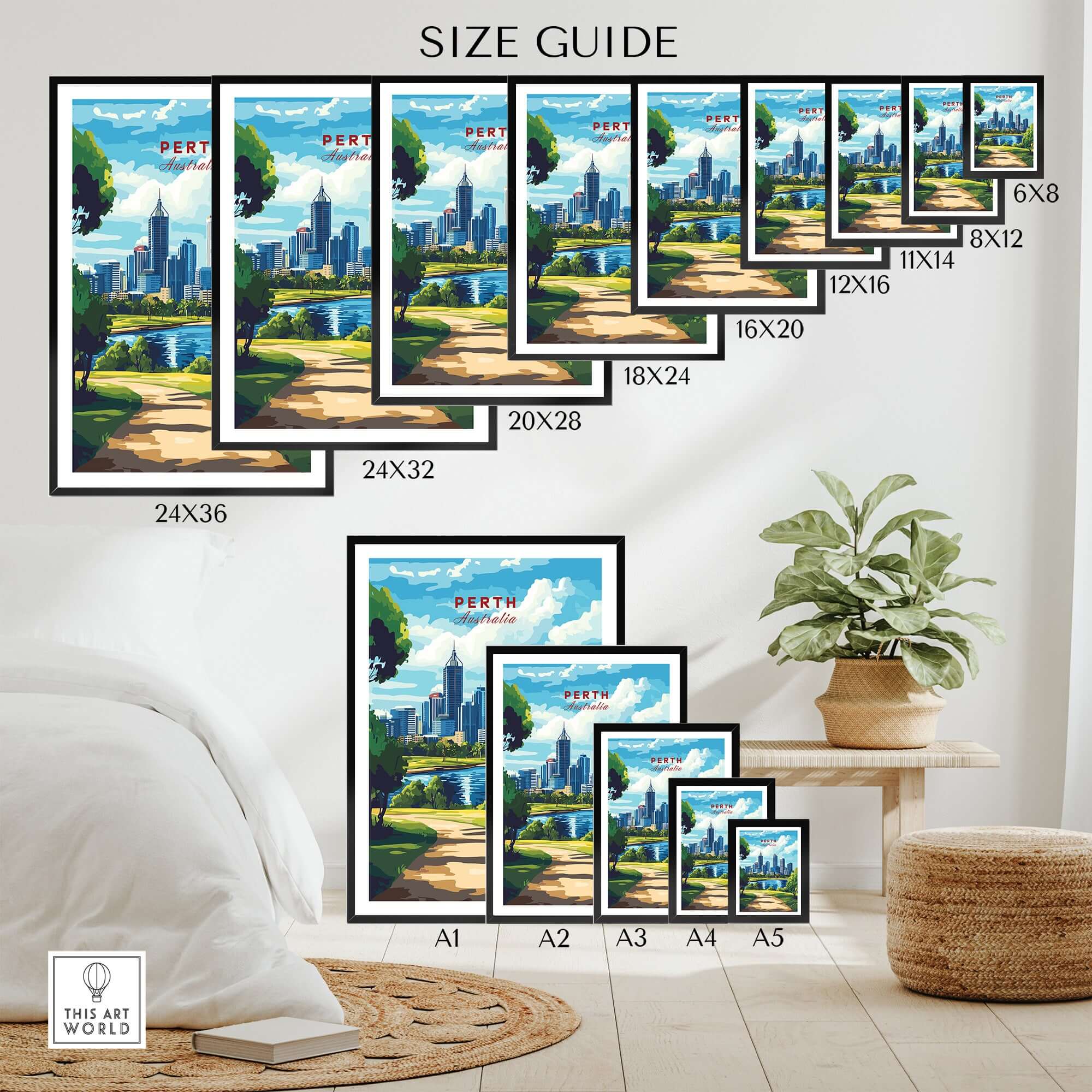 Perth Australia Wall Art - Skyline Poster Print size guide showcasing various frame sizes and designs of Perth skyline.