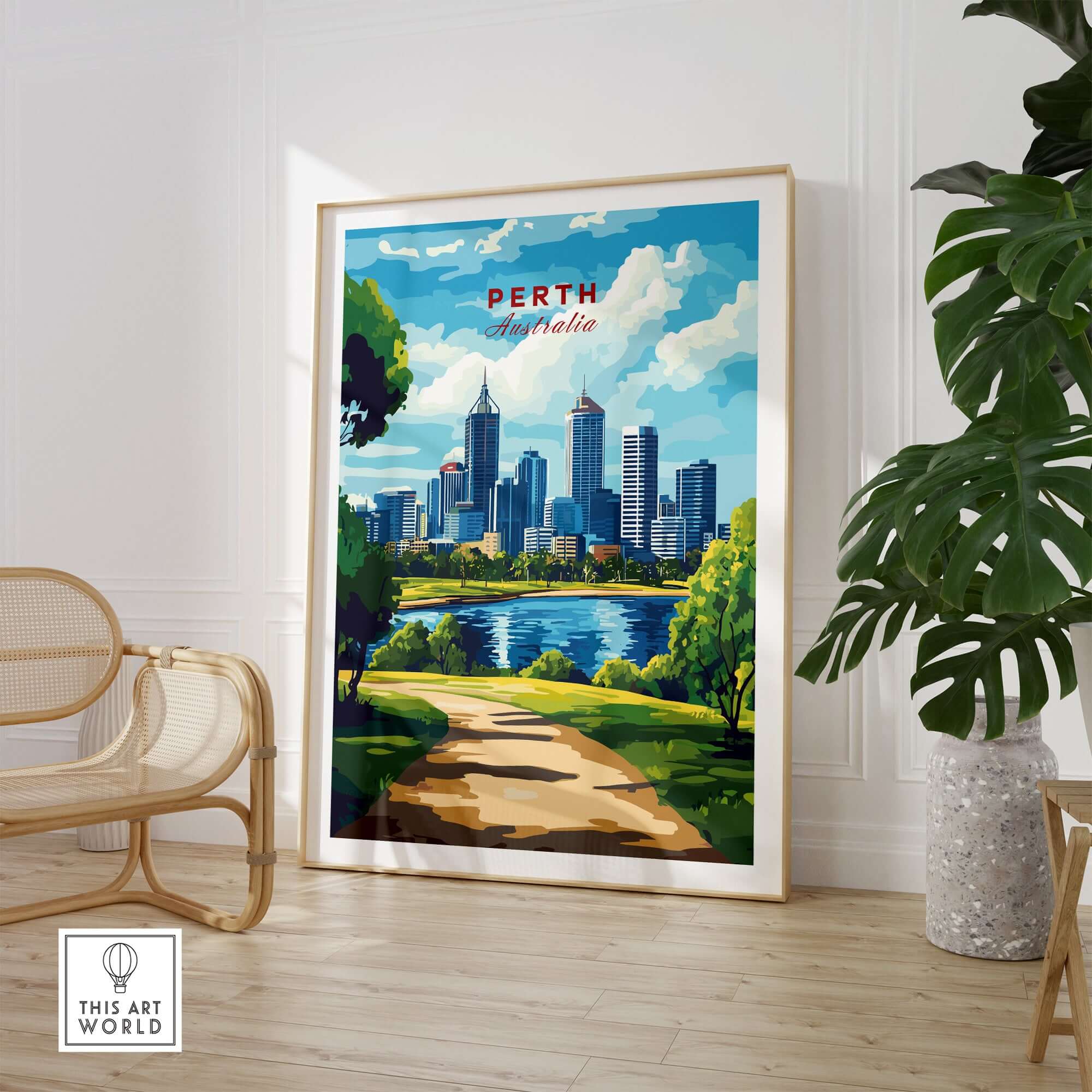 Perth Australia Wall Art - Skyline Poster Print featuring a vibrant depiction of Perth's skyline and landscape.
