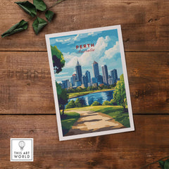 Perth Australia Wall Art - Skyline Poster Print featuring vibrant skyline illustration by This Art World.