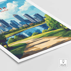 Perth Australia Wall Art - Skyline Poster Print featuring a vibrant skyline and lush greenery near a river.