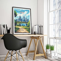 Perth Australia Wall Art - Skyline Poster Print showcased in a modern workspace with a scenic view.