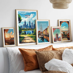Perth Australia Wall Art - Skyline Poster Print featured among framed travel posters on a cozy sofa.