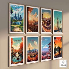 Perth Australia Wall Art - Skyline Poster Print collection displayed on a wall showcasing vibrant cityscapes.