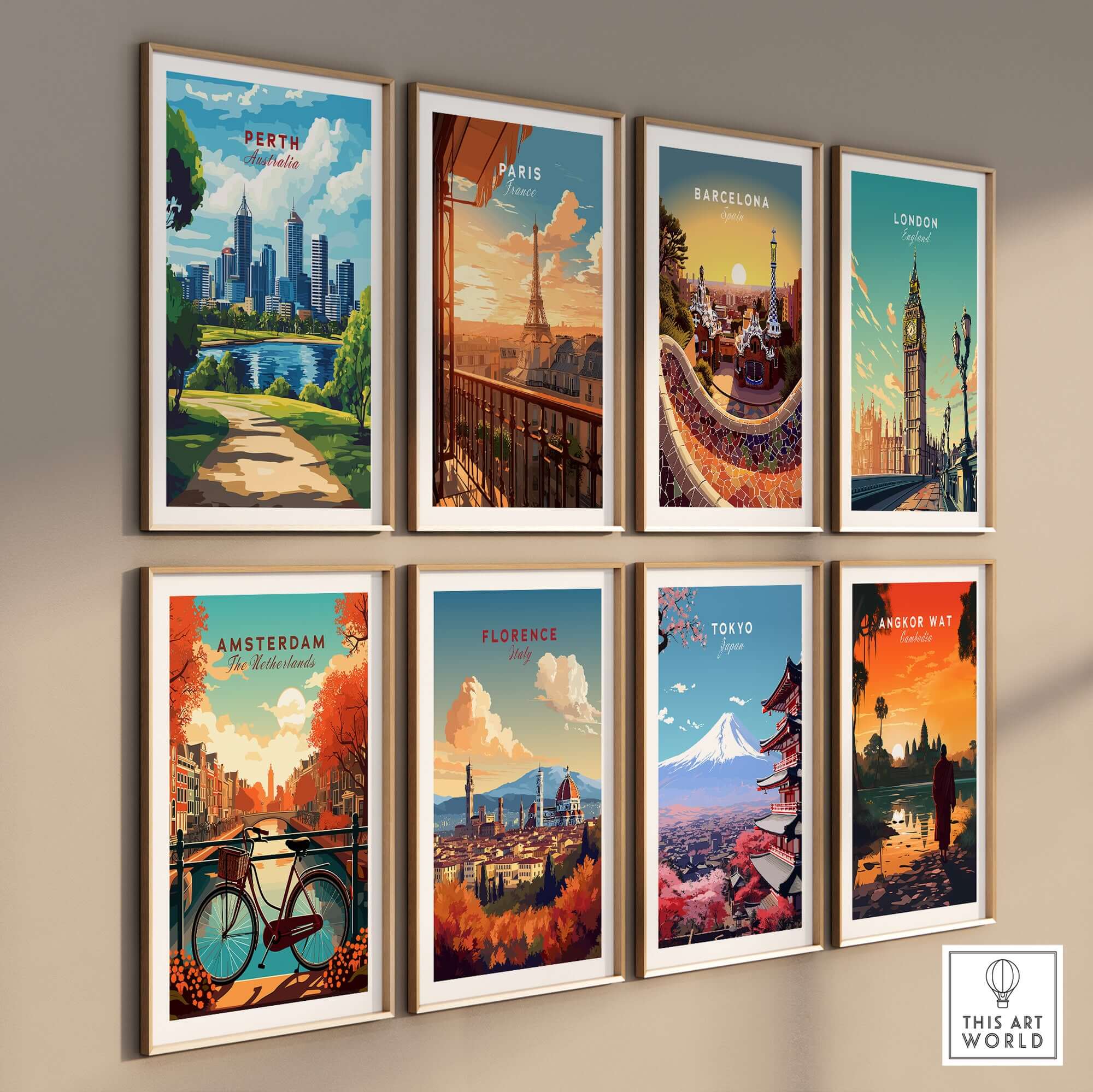 Perth Australia Wall Art - Skyline Poster Print collection displayed on a wall showcasing vibrant cityscapes.