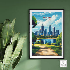 Perth Australia Wall Art - Skyline Poster Print showcasing the vibrant skyline and greenery of Perth.