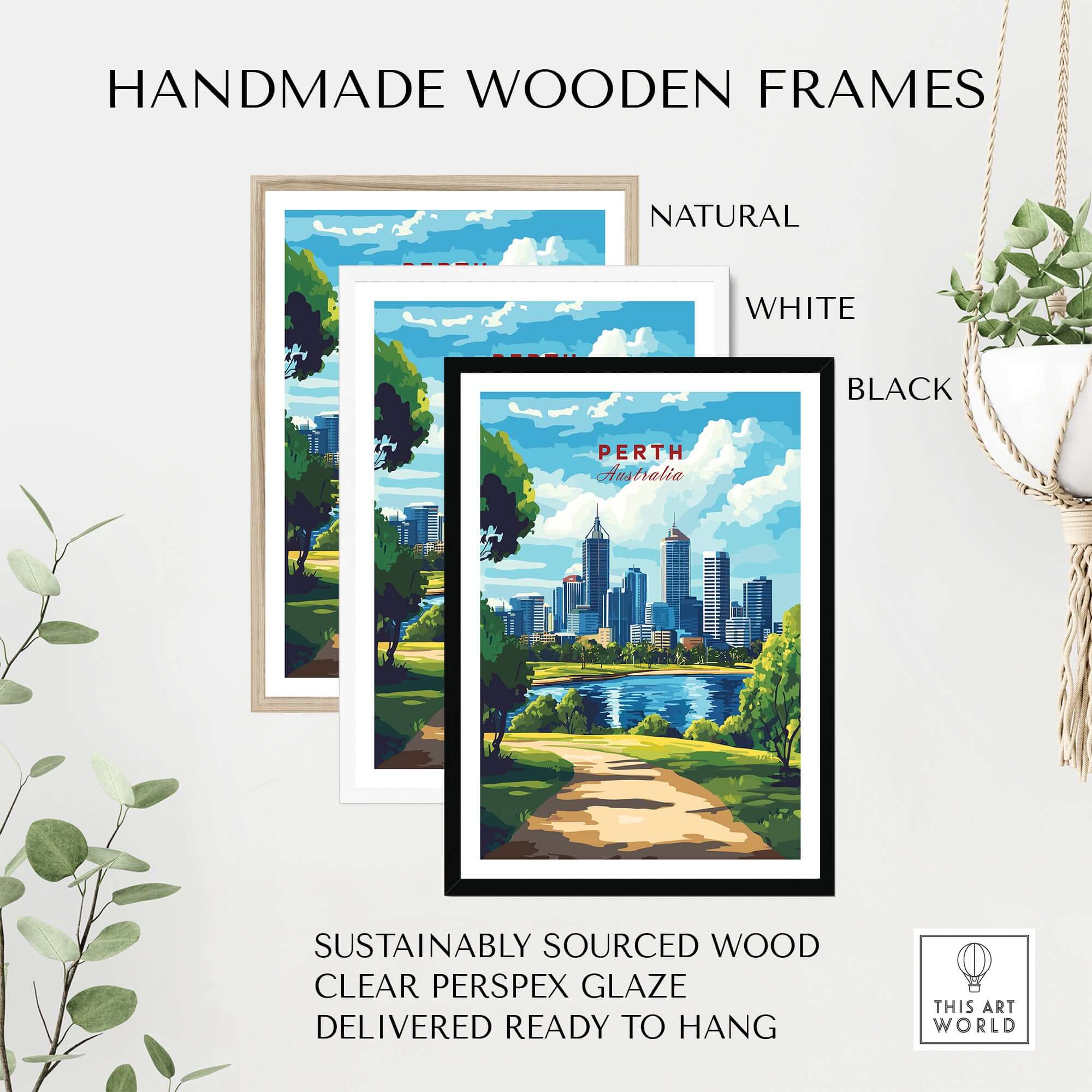 Perth Australia Wall Art - Skyline Poster Print displayed in handmade wooden frames in natural, white, and black options.