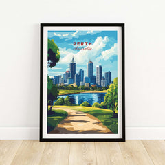 Perth Australia Wall Art - Skyline Poster Print featuring the vibrant skyline and lush surroundings of Perth.