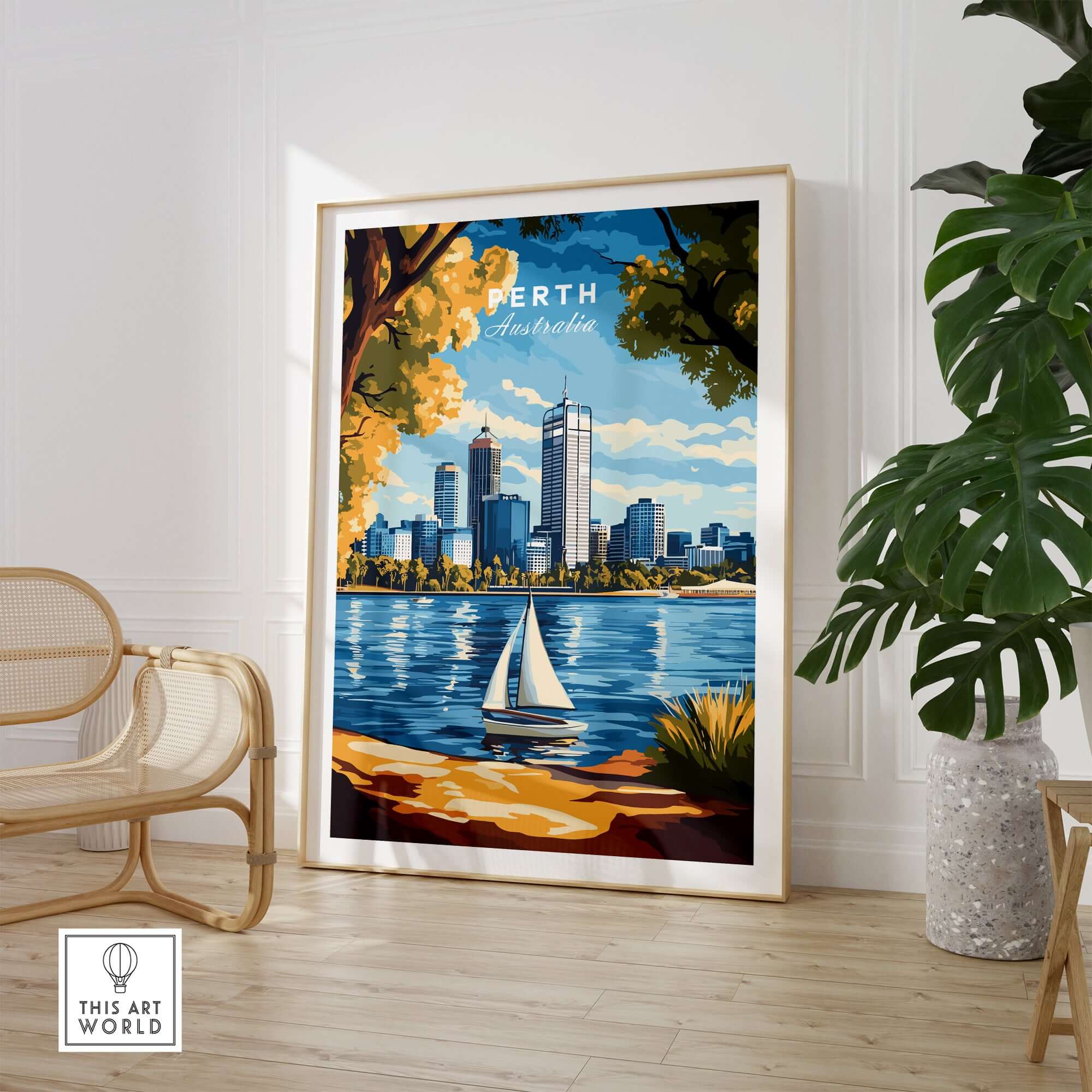 Perth Travel Print showcasing the skyline and river in a vibrant artistic style, perfect for home decor.