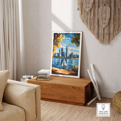 Perth Travel Print displayed in a stylish home setting, showcasing the beauty of Perth's skyline and waterfront.