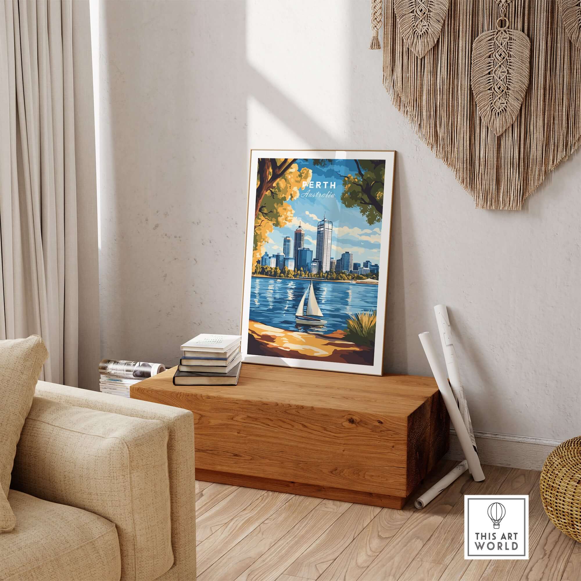 Perth Travel Print displayed in a stylish home setting, showcasing the beauty of Perth's skyline and waterfront.