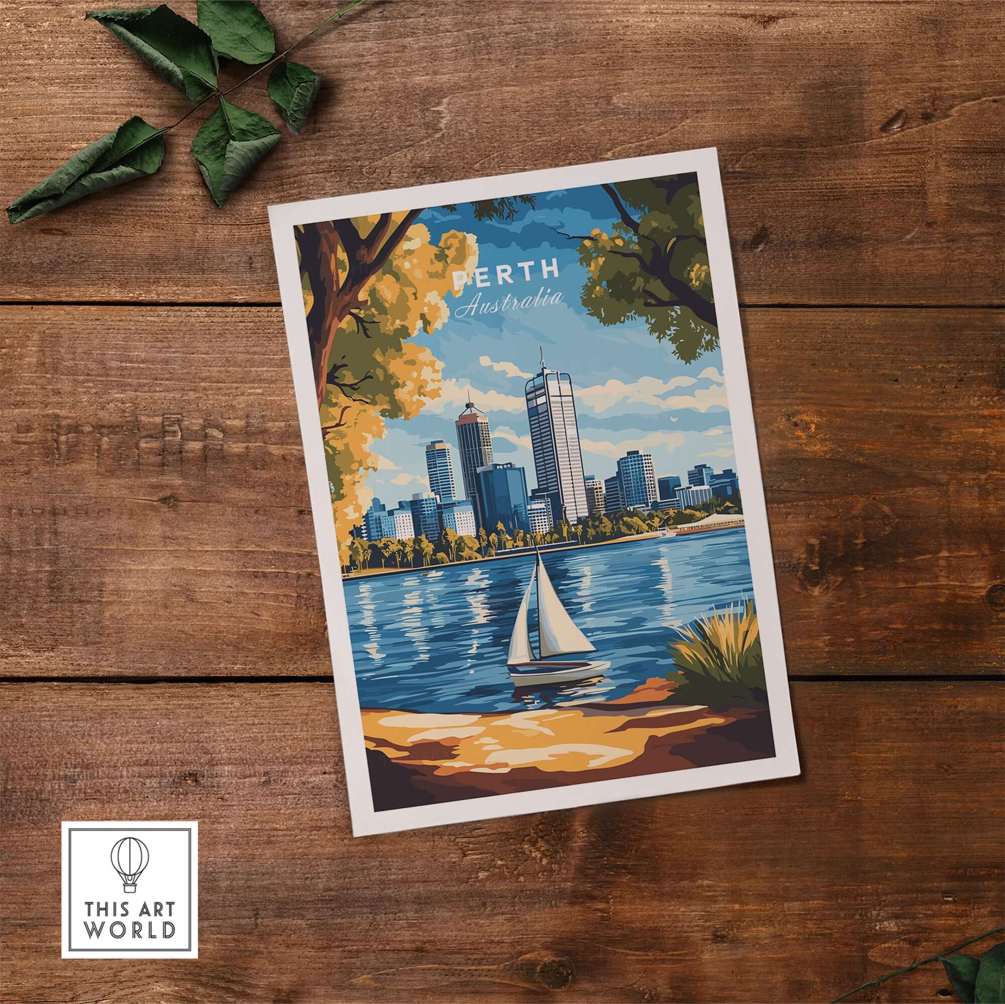 Perth Travel Print showcasing the skyline and river view of Perth, Australia with vibrant colors.
