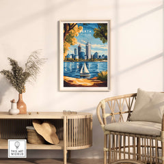 Perth Travel Print showcasing Perth's skyline with a sailboat on the river, perfect for home decor.