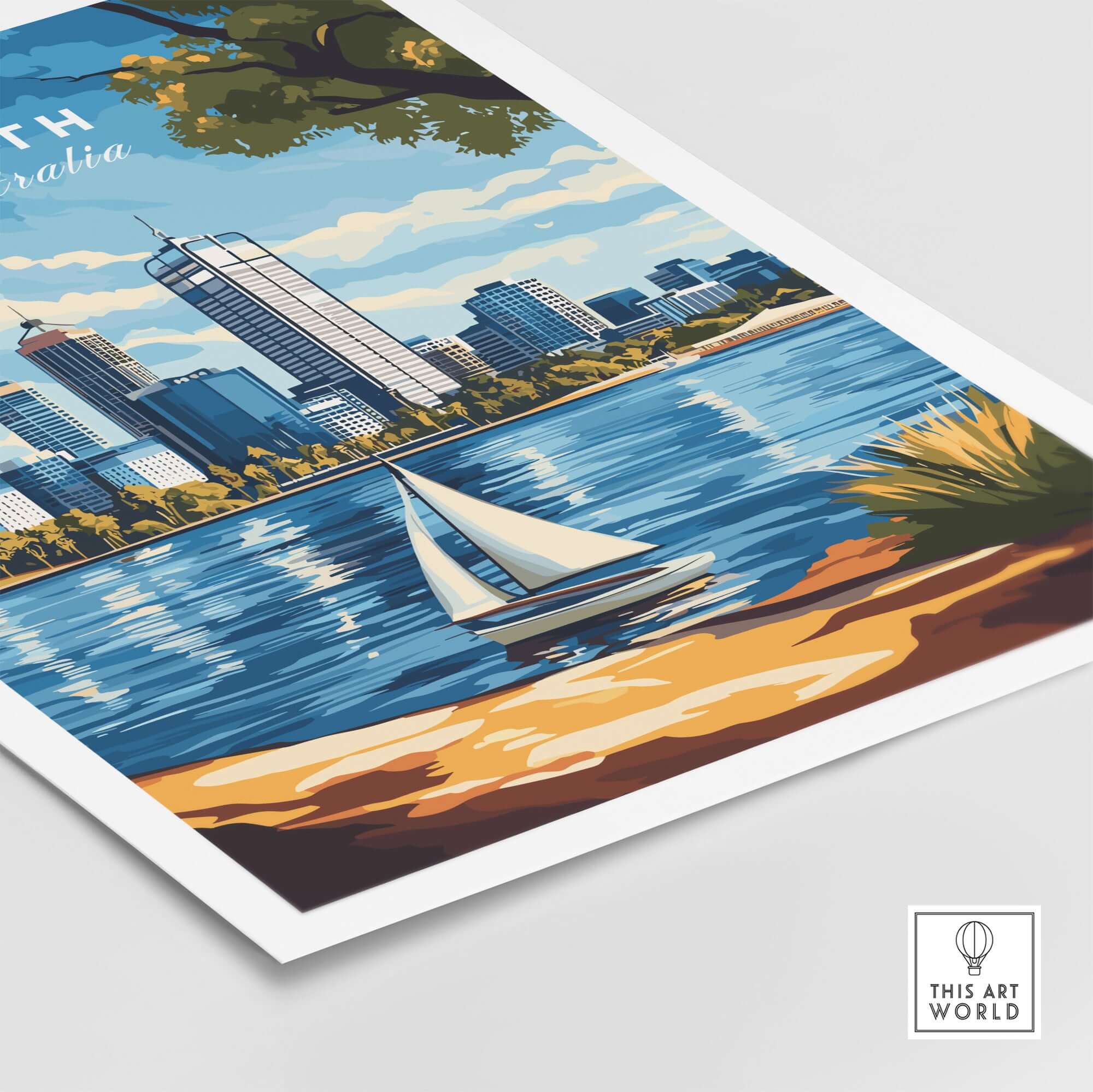 Perth Travel Print depicting a serene view of the city skyline and sailboat on the water.