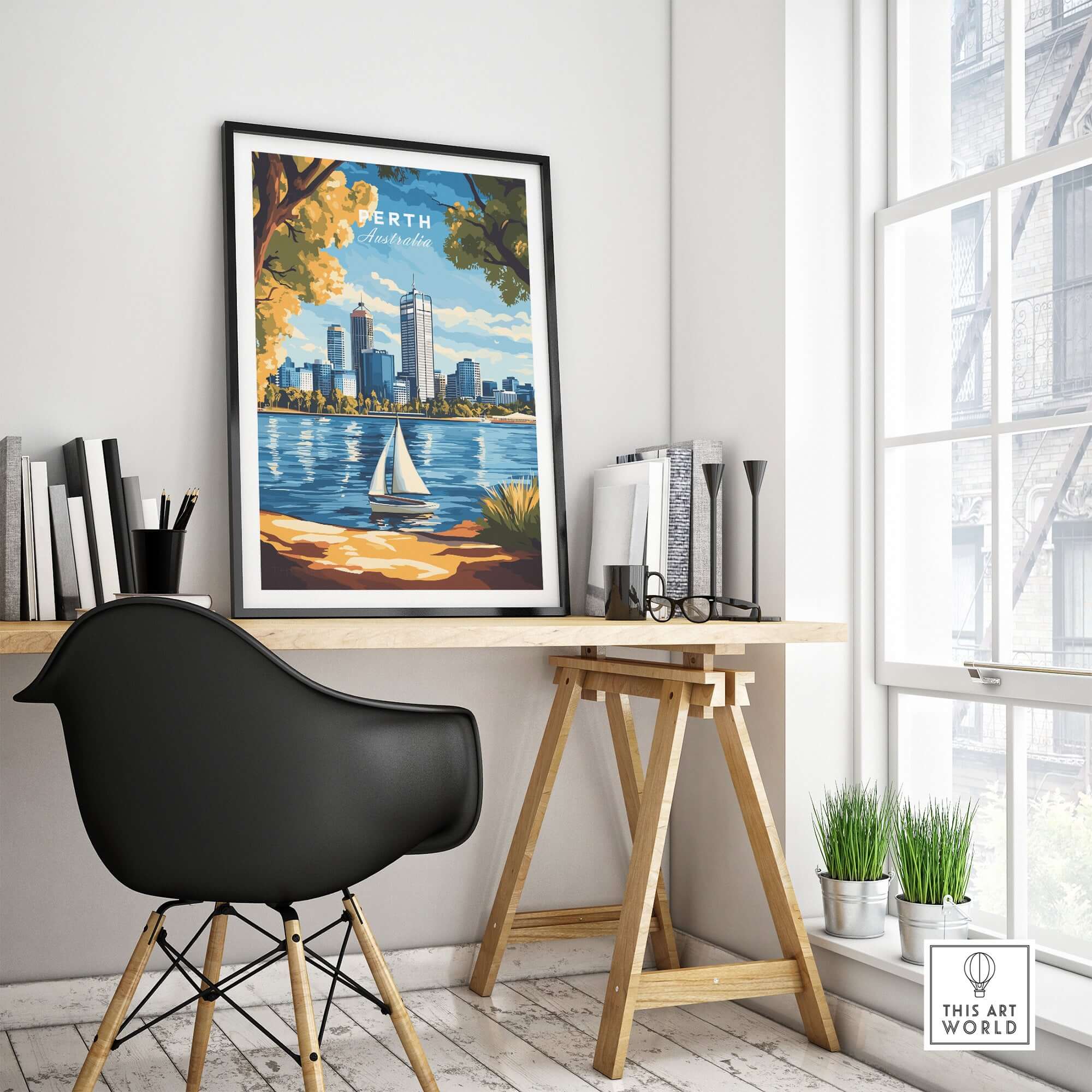 Perth Travel Print showcasing picturesque skyline and waterfront scenery in a stylish home office setting.