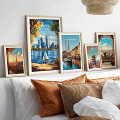 Perth Travel Print framed artwork showcasing Perth's skyline and scenic beauty in a cozy home decor setting.