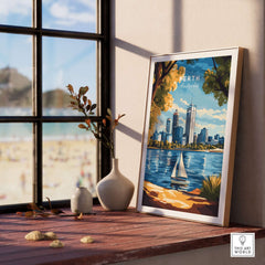 Perth Travel Print showcasing the skyline and waterfront of Perth, enhancing home decor with a travel theme.