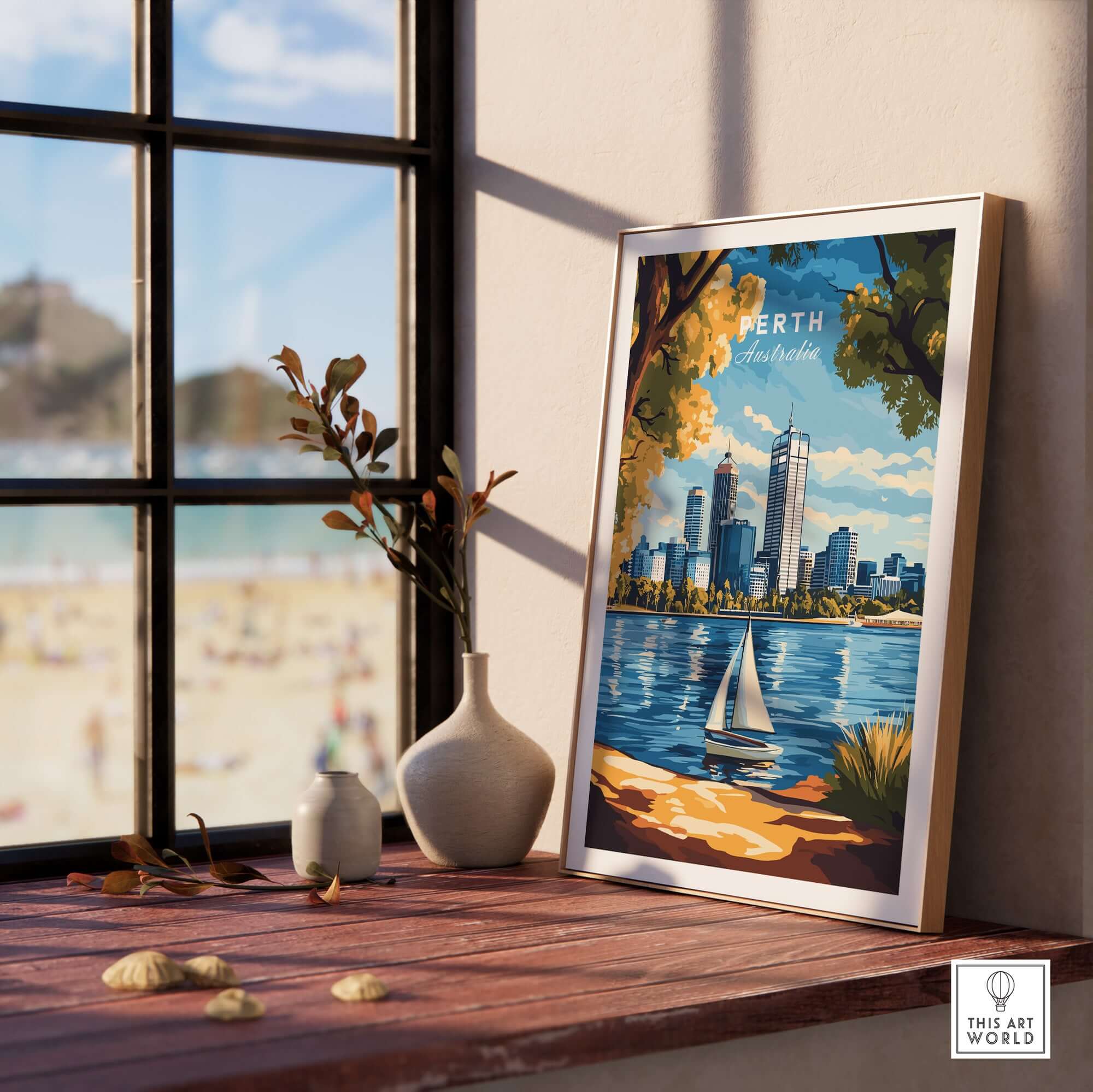Perth Travel Print showcasing the skyline and waterfront of Perth, enhancing home decor with a travel theme.