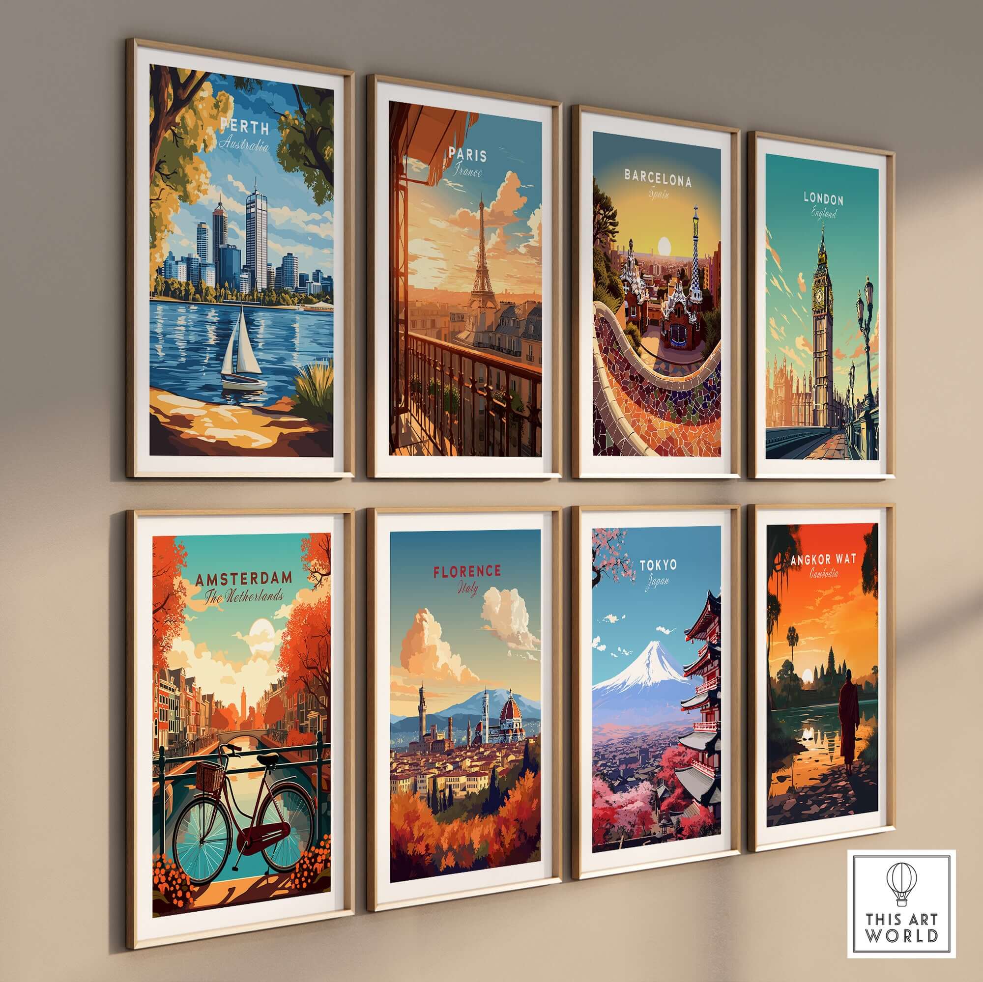 Perth Travel Print along with various city travel prints in a stylish home decor display