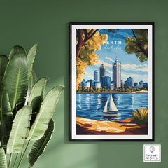 Perth Travel Print showcasing the skyline and river, perfect for home decor and travel inspiration.