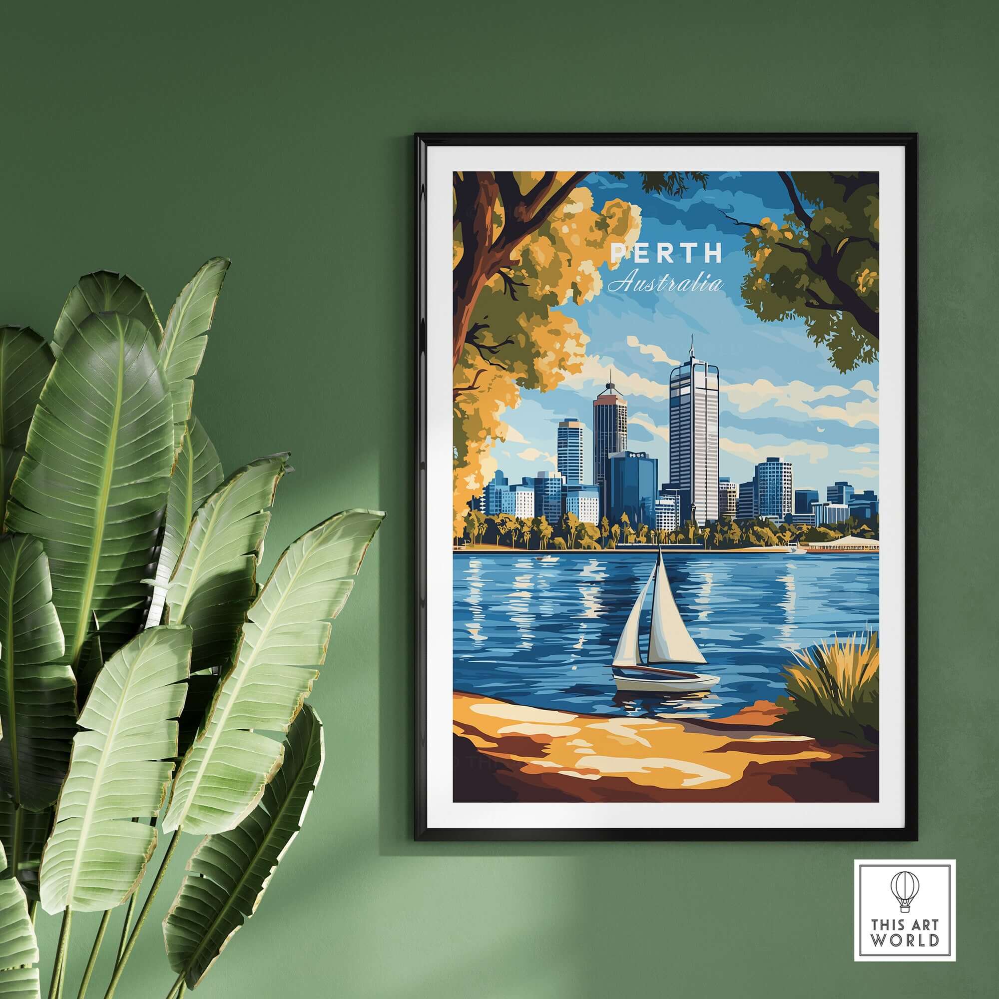Perth Travel Print showcasing the skyline and river, perfect for home decor and travel inspiration.