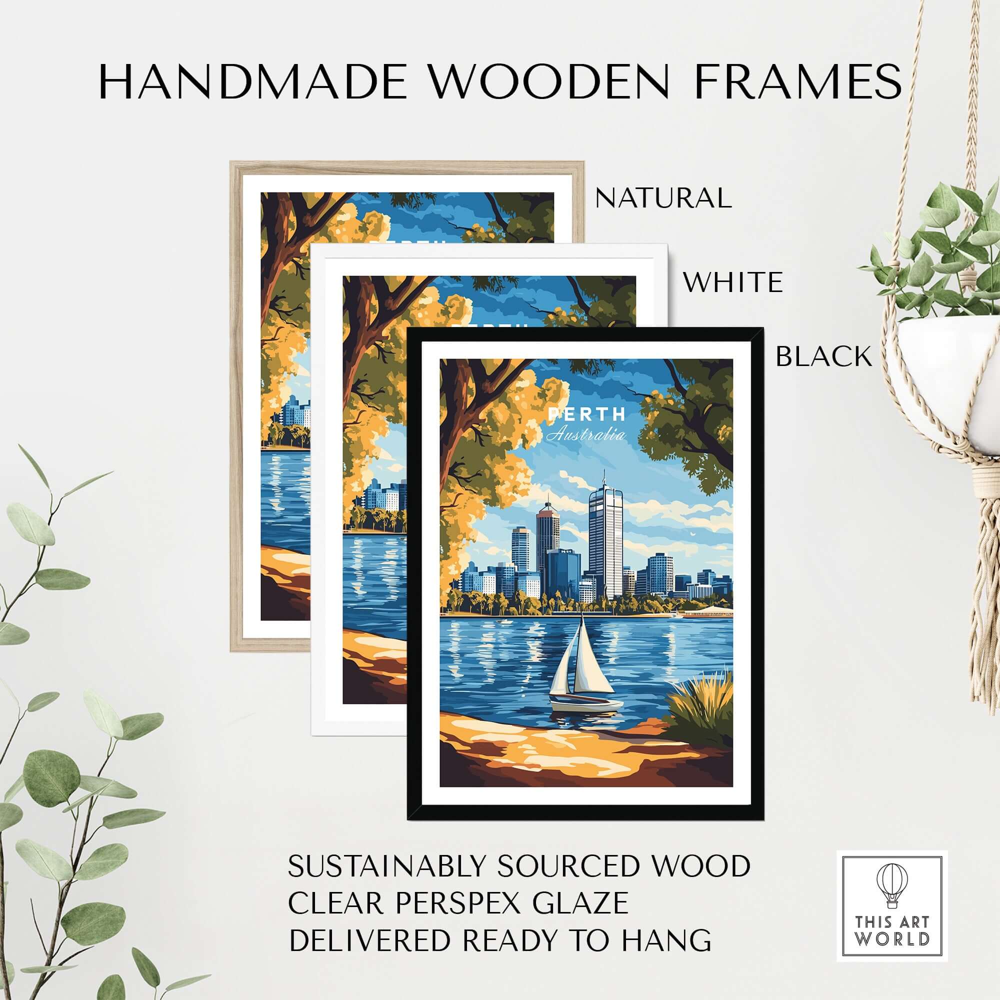 Perth Travel Print framed in handmade natural, white, and black wooden frames, featuring sustainable materials.