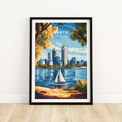 Perth Travel Print featuring a scenic view of Perth, Australia with a sailboat on the water and city skyline.
