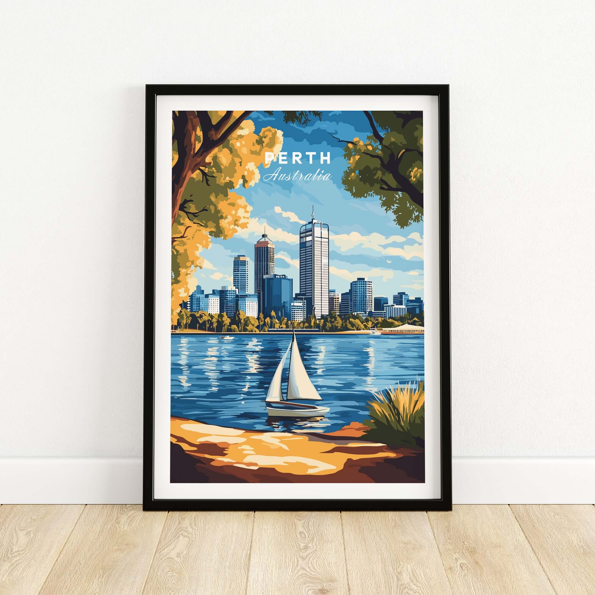 Perth Travel Print featuring a scenic view of Perth, Australia with a sailboat on the water and city skyline.