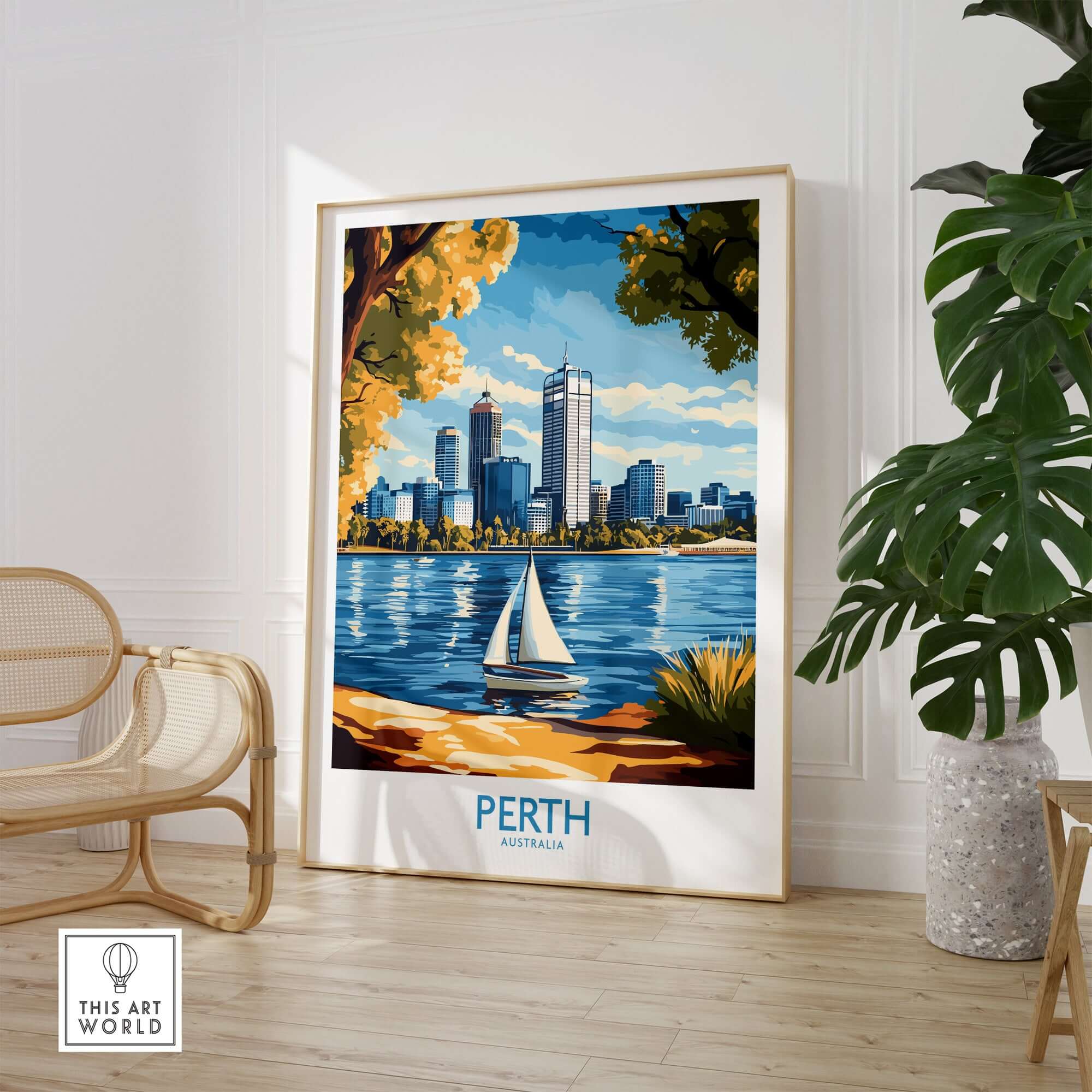 Perth Wall Art Print featuring a vibrant cityscape and a sailboat on the river in Australia.