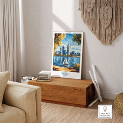 Perth Wall Art Print displayed in a stylish home setting, featuring a vibrant cityscape and serene water view.