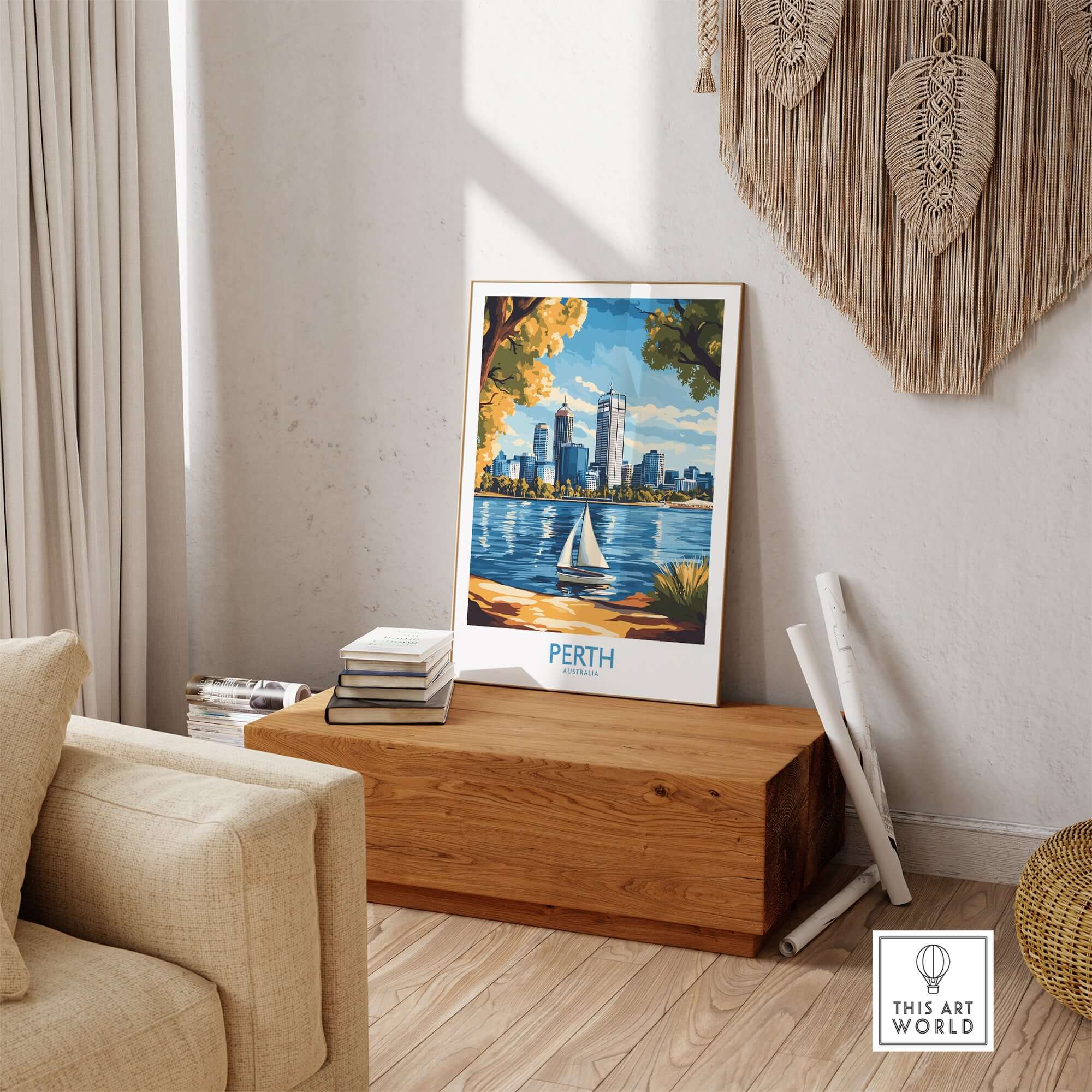 Perth Wall Art Print displayed in a stylish home setting, featuring a vibrant cityscape and serene water view.