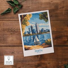 Perth Wall Art Print showcasing a vibrant cityscape of Perth, Australia with a sailing boat in the foreground.