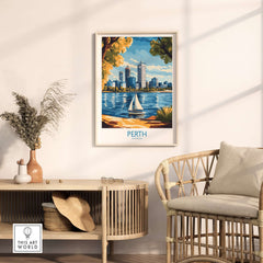 Perth Wall Art Print showcasing a vibrant cityscape with a sailing boat and modern architecture.